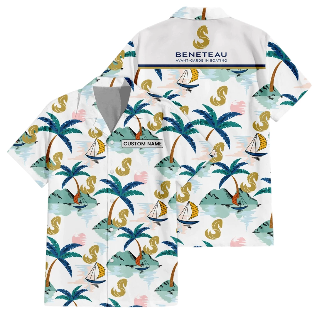 Beneteau Exclusive Logo Button Up Hawaiian Shirt Tropical Landscape Pattern All-over Print, Custom Name HIDI180225Y7HWLS2BEN
