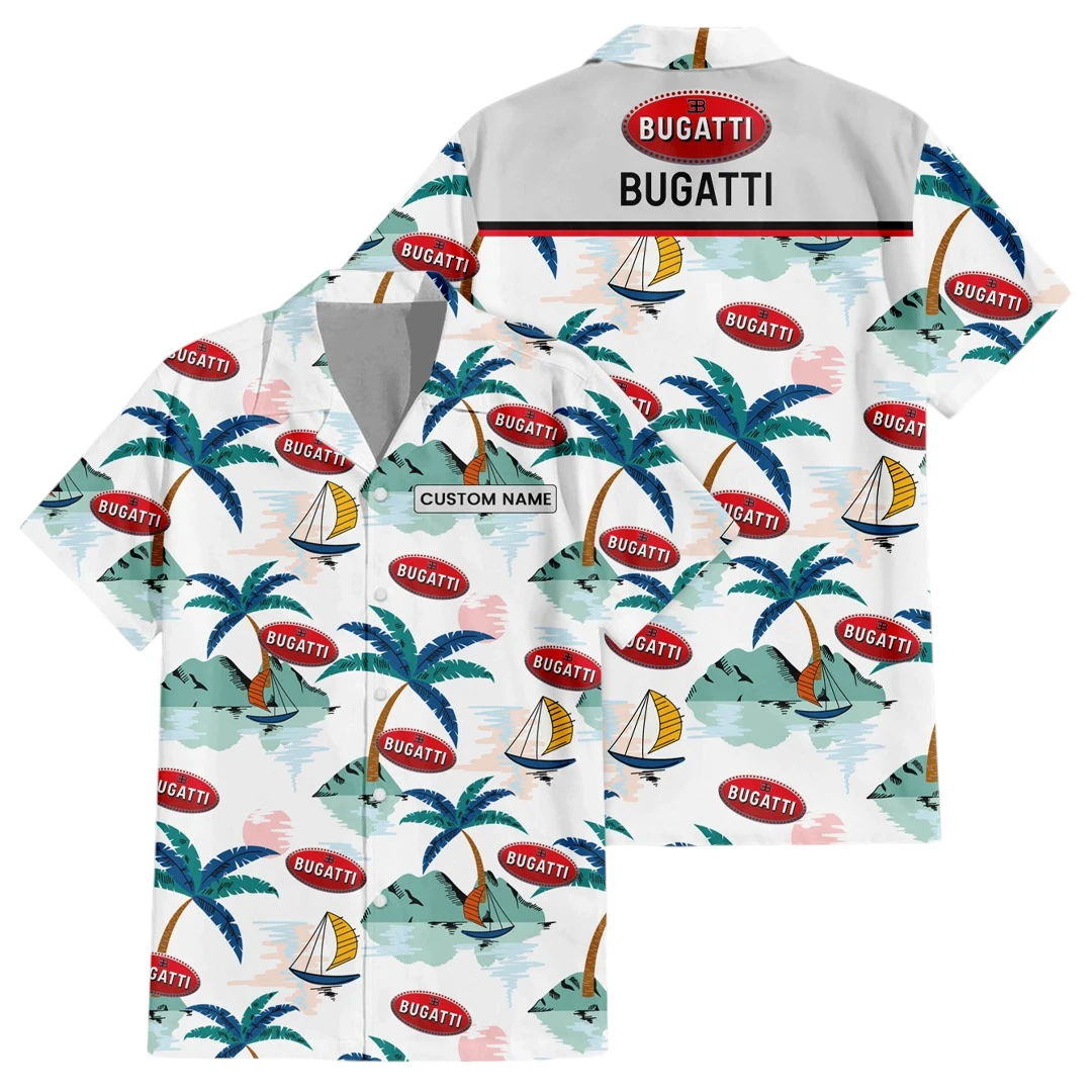 Bugatti Exclusive Logo Button Up Hawaiian Shirt Tropical Landscape Pattern All-over Print, Custom Name HIDI190225Y7HWLS2BUG