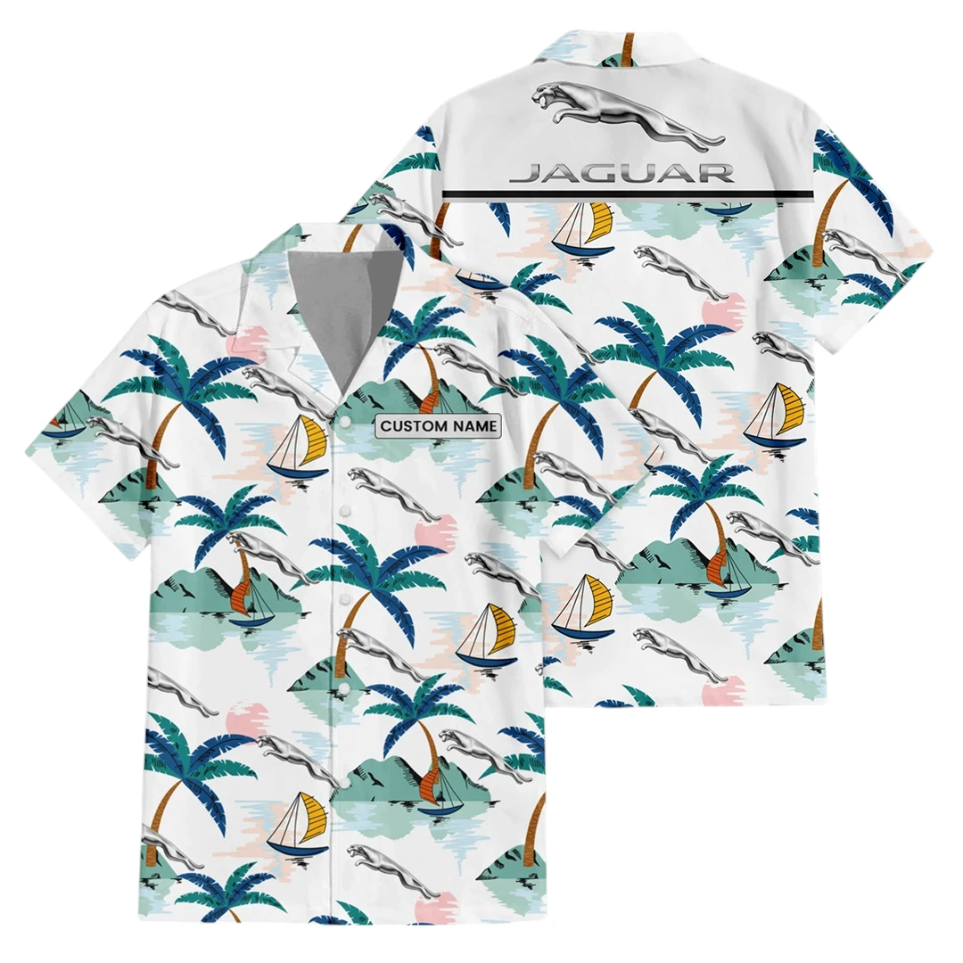 Jaguar Exclusive Logo Button Up Hawaiian Shirt Tropical Landscape Pattern All-over Print, Custom Name HIDI210225Y7HWLS2JAG