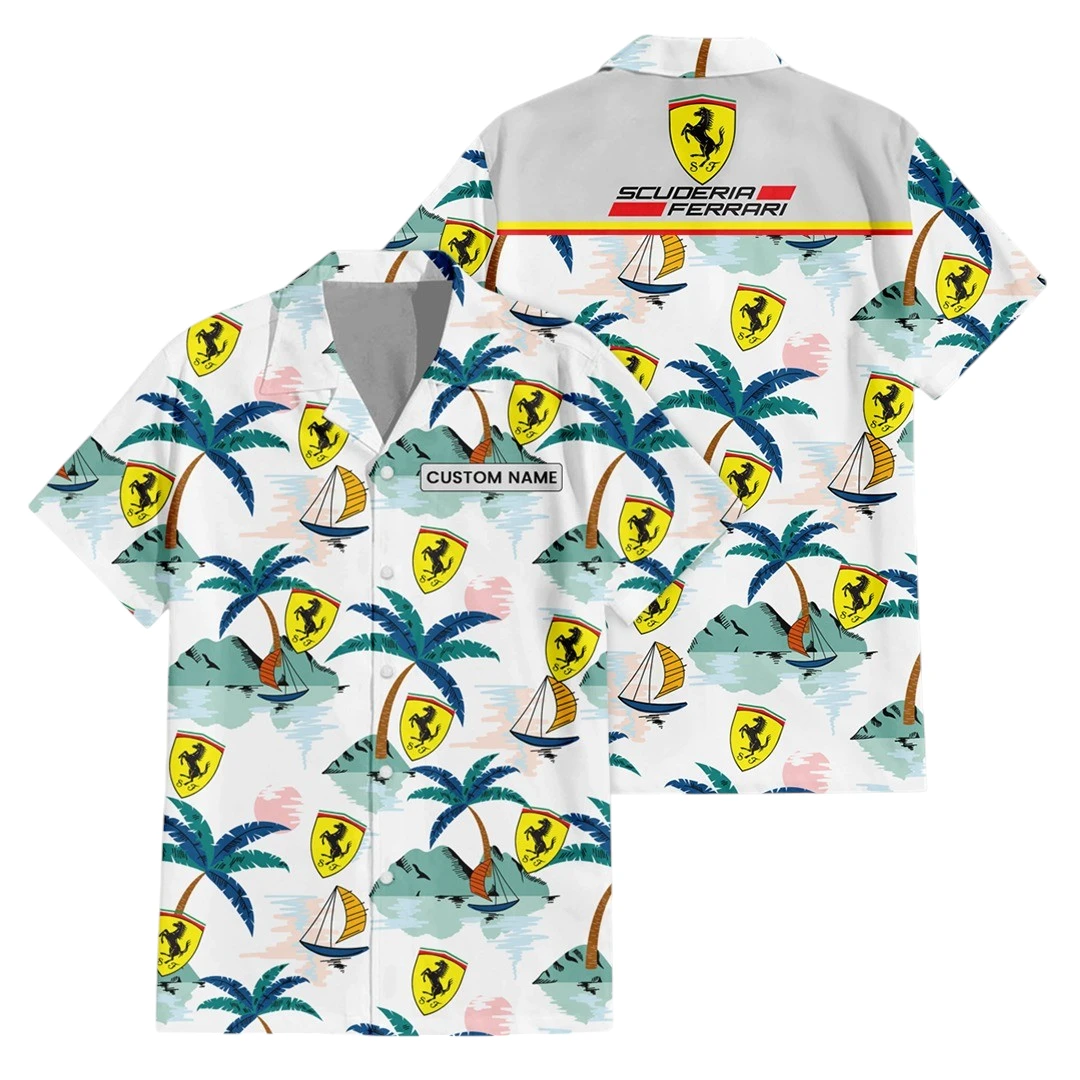 Scuderia Ferrari Exclusive Logo Button Up Hawaiian Shirt Tropical Landscape Pattern All-over Print, Custom Name HIDI210225Y7HWLS2SCF