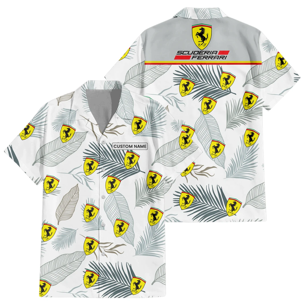 Scuderia Ferrari Exclusive Logo Button Up Hawaiian Shirt Tropical Leaves Seamless Pattern All-over Print, Custom Name HIHI190225Y7HWLS1SCF