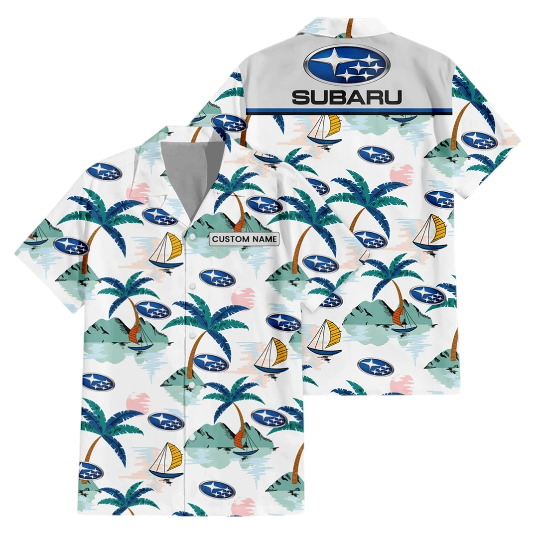 Subaru Exclusive Logo Button Up Hawaiian Shirt Tropical Landscape Pattern All-over Print, Custom Name HIDI210225Y7HWLS2SUB