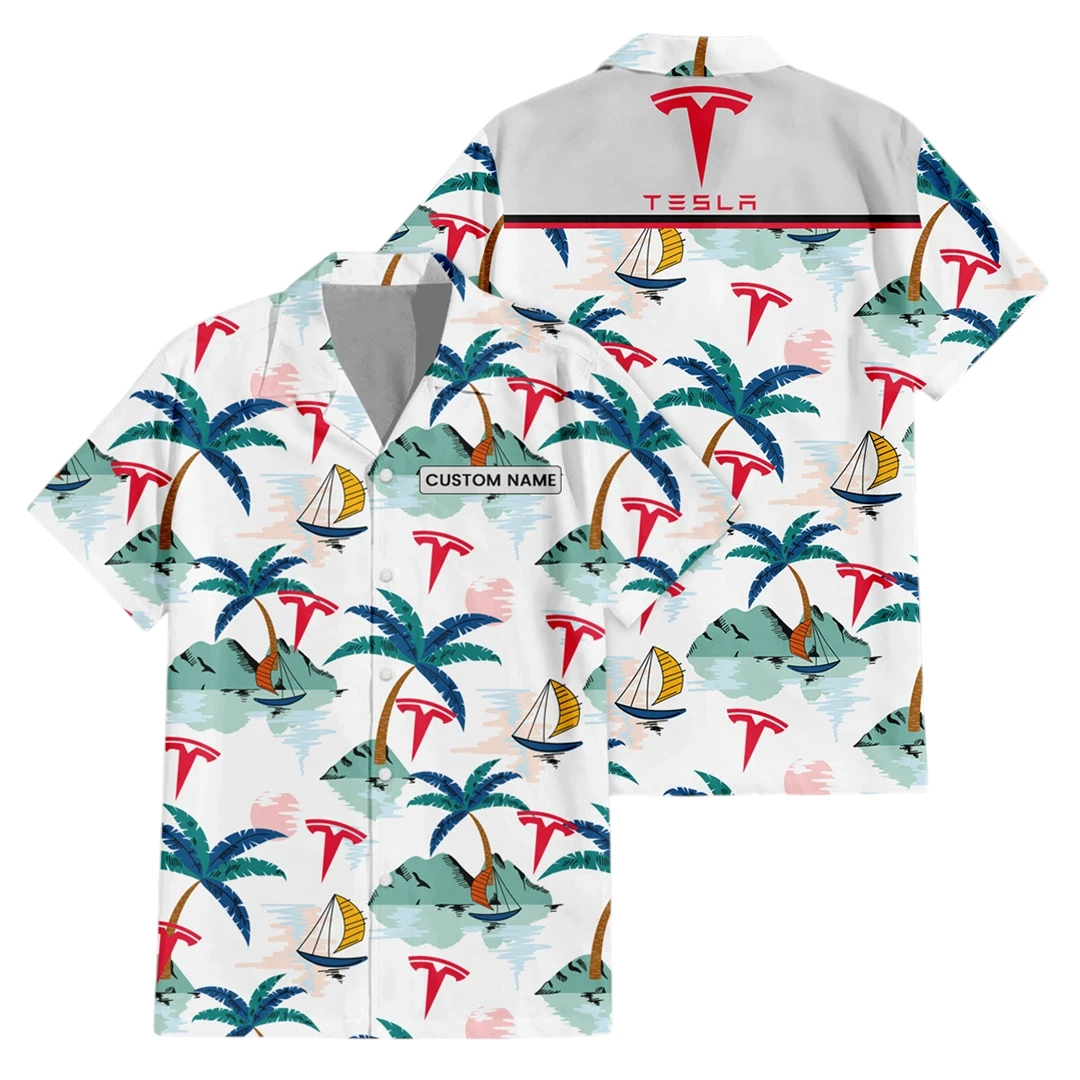 Tesla Exclusive Logo Button Up Hawaiian Shirt Tropical Landscape Pattern All-over Print, Custom Name HIDI200225Y7HWLS2TES