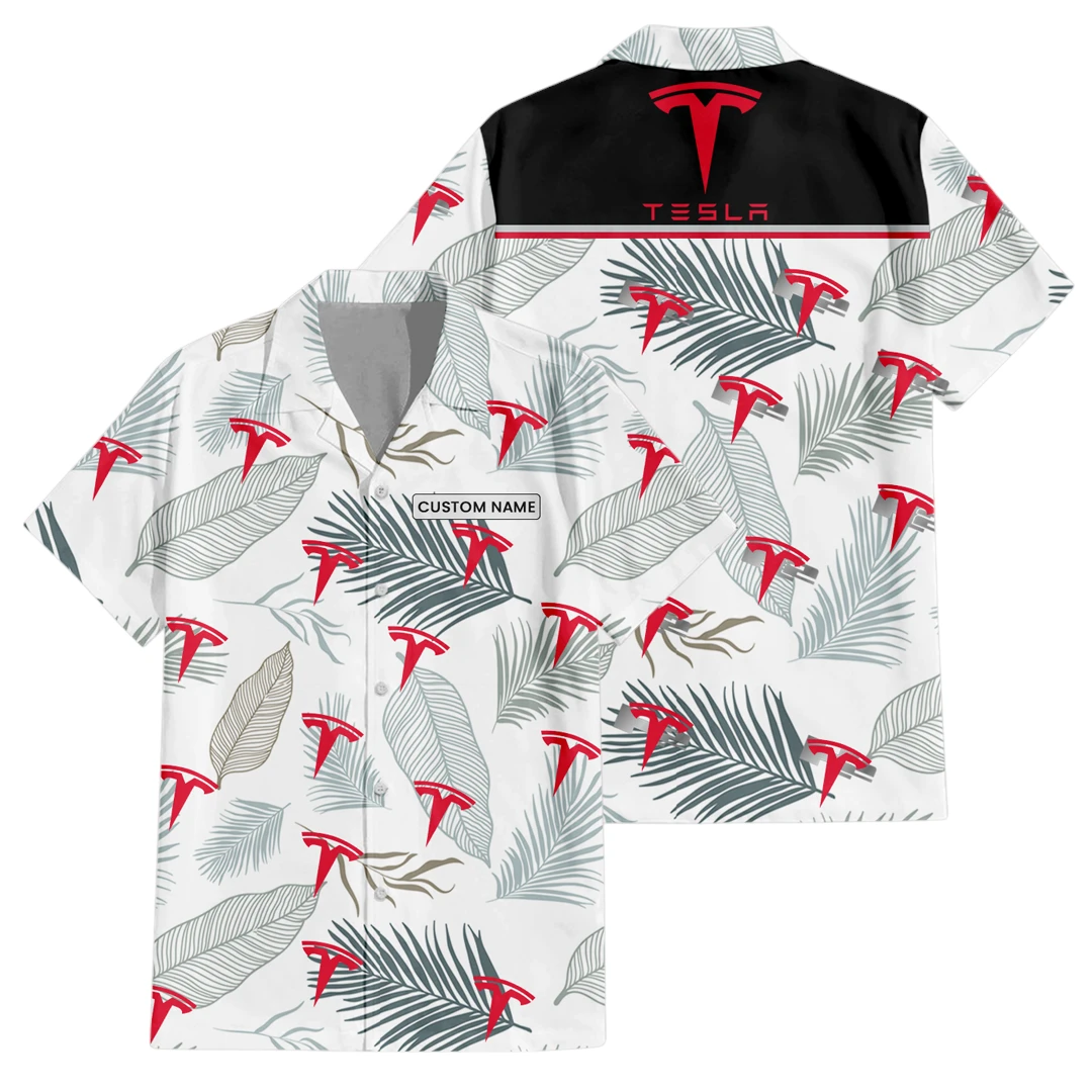 Tesla Exclusive Logo Button Up Hawaiian Shirt Tropical Leaves Seamless Pattern All-over Print, Custom Name HIHI190225Y7HWLS1TES