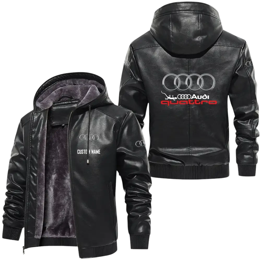 Audi Quattro PU Leather Hooded Jacket, Mens Durable Windproof Keep Warm Soft Velvet Lined Jacket, Custom Name HG030325Y24LJHAUQ