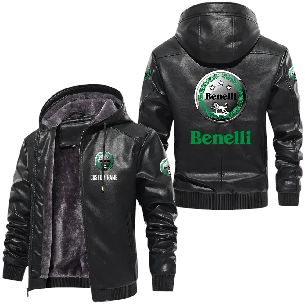 Benelli PU Leather Hooded Jacket, Mens Durable Windproof Keep Warm Soft Velvet Lined Jacket, Custom Name HG030325Y24LJH1BEN