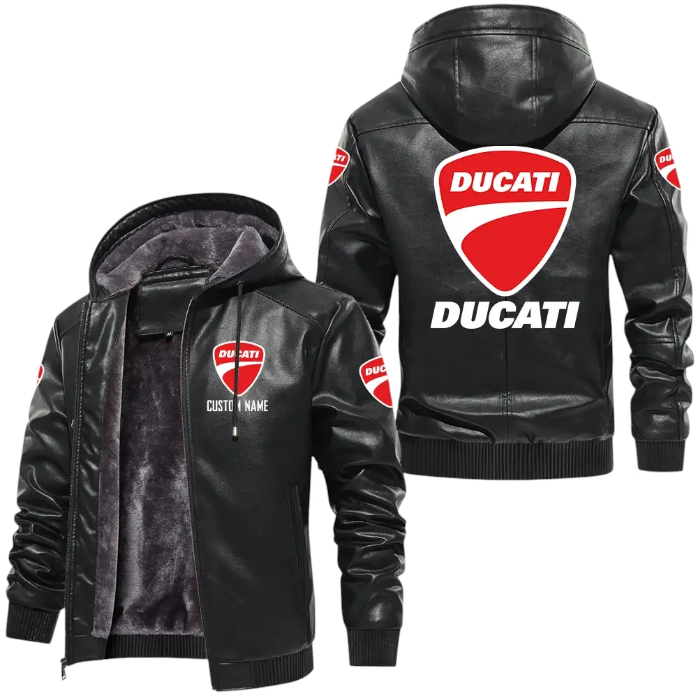 Ducati PU Leather Hooded Jacket, Mens Durable Windproof Keep Warm Soft Velvet Lined Jacket, Custom Name HG030325Y24LJH1DUC