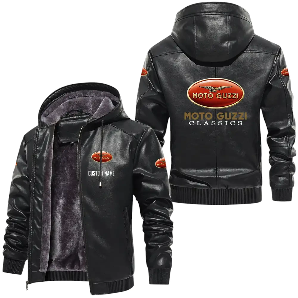 Moto Guzzi PU Leather Hooded Jacket, Mens Durable Windproof Keep Warm Soft Velvet Lined Jacket, Custom Name HG050325Y24LJH1MOG